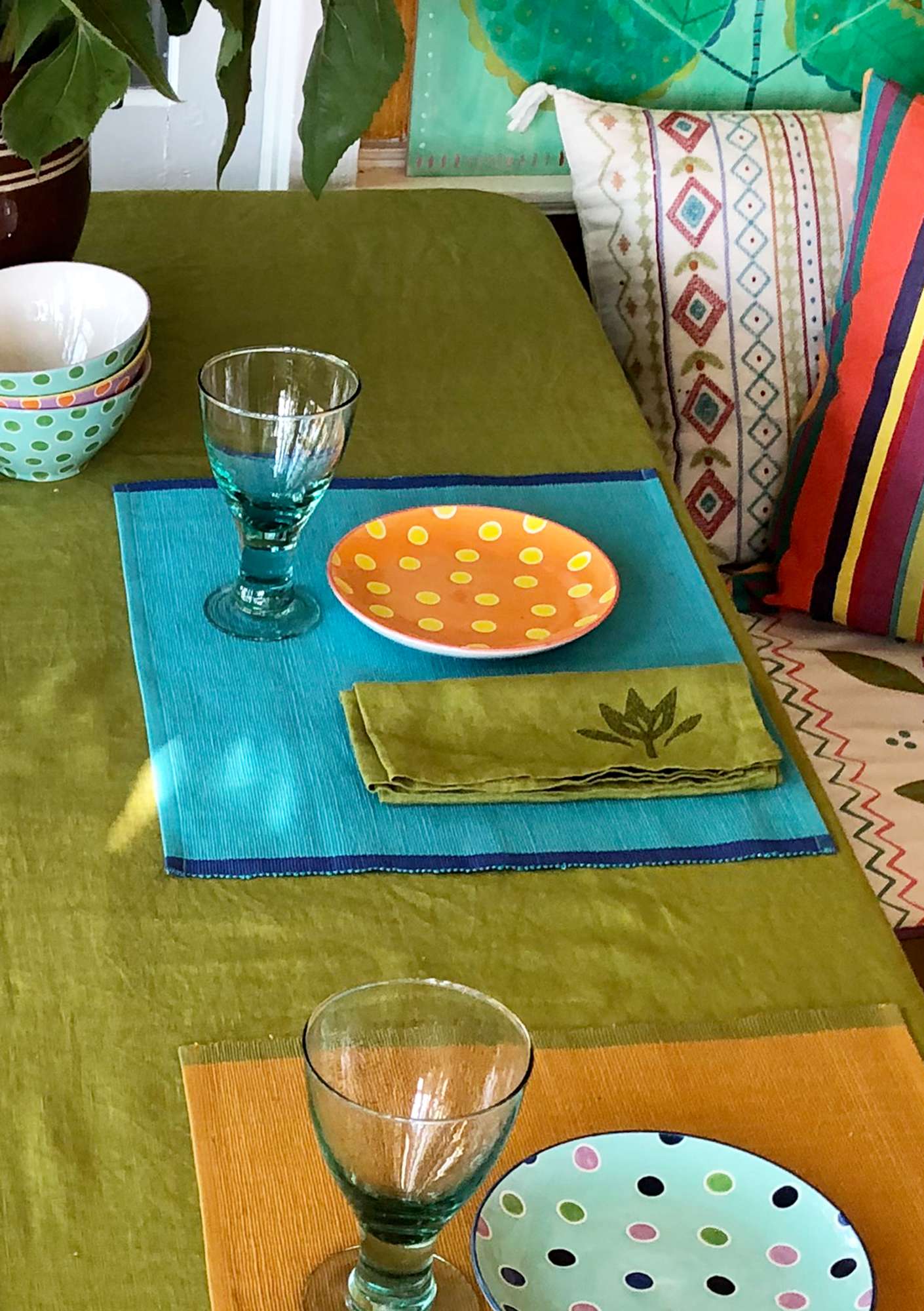 Tischset „Feliz“ aus Leinen/Baumwolle türkis