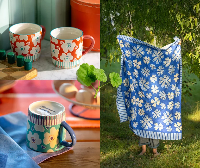 Eine Collage mit farbstarken Wohnaccessoires von Gudrun Sjödén. Verziert mit einem losen grünen Zweig.