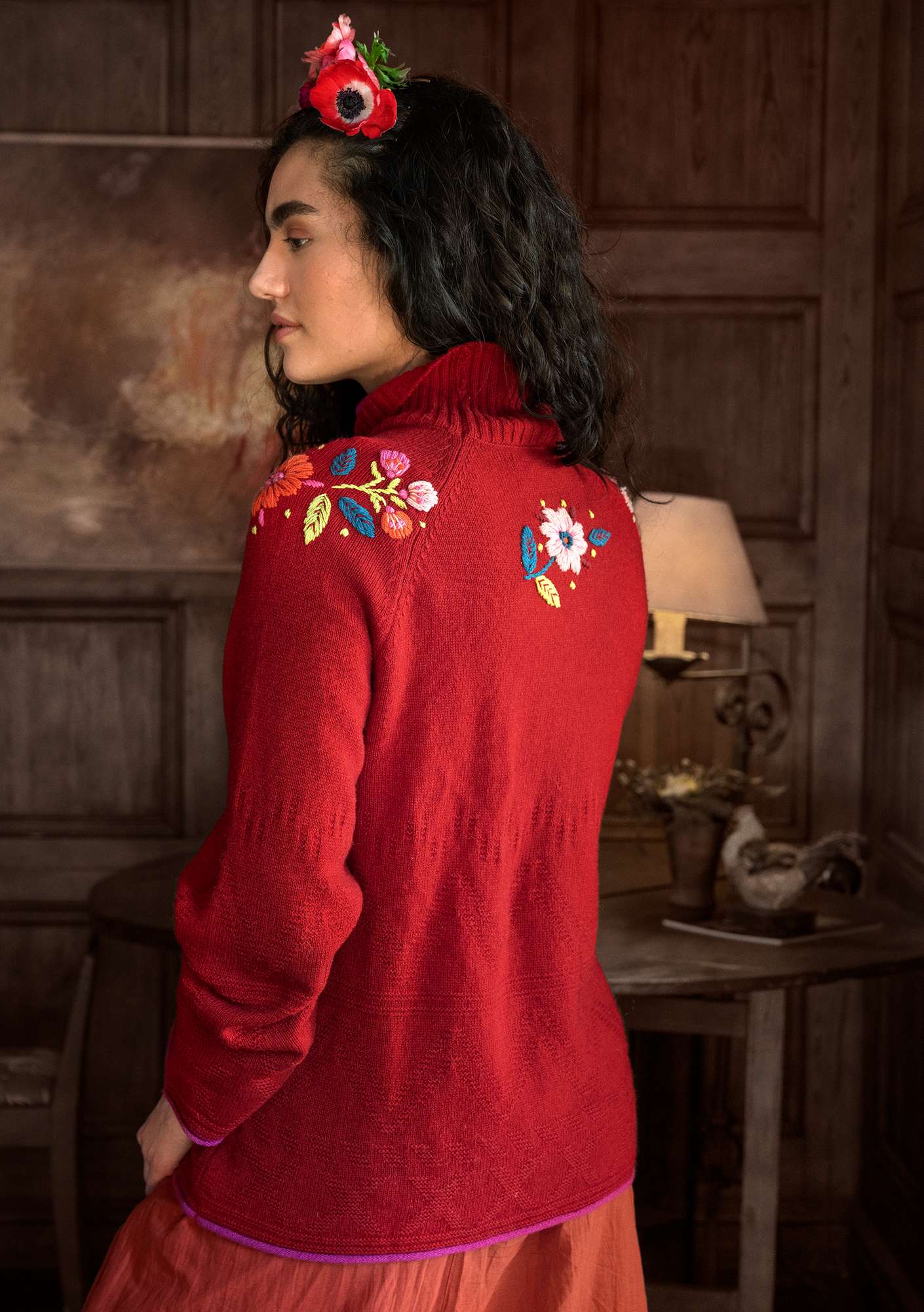 “Margrethe” hand-embroidered wool sweater cranberry