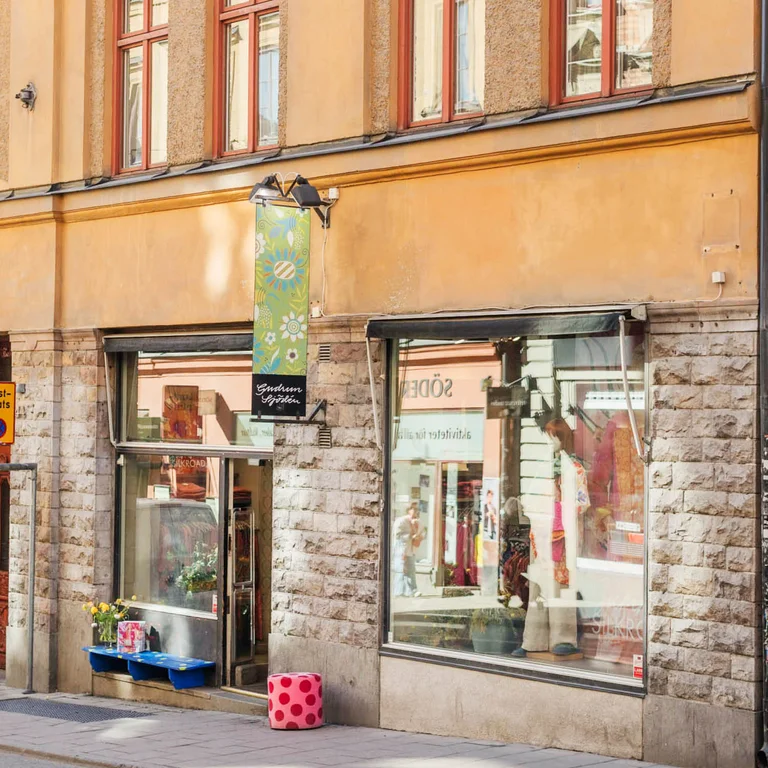 Outside Gudrun Sjödén’s store on Götgatan in Stockholm.
