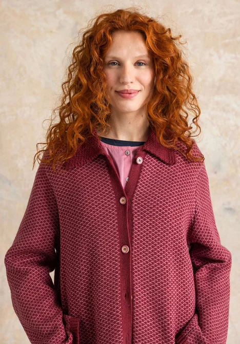 “Wilma” patterned and solid-colour long cardigan in lambswool - dark agate red melange/patterned