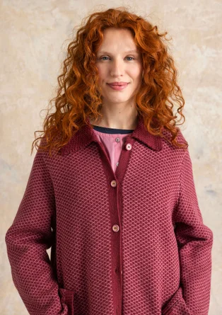 Gilet long uni et à motif "Wilma" en laine d'agneau - rouge agate foncé chiné/motif