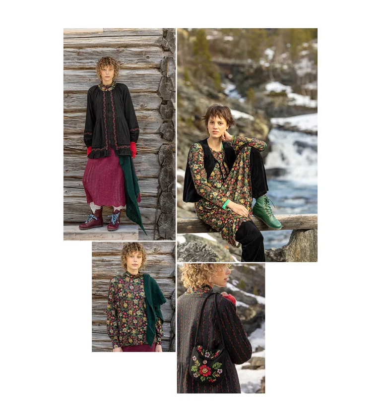 A collage of women outdoors wearing clothes from Gudrun Sjödén’s 2025 Christmas collection. 
