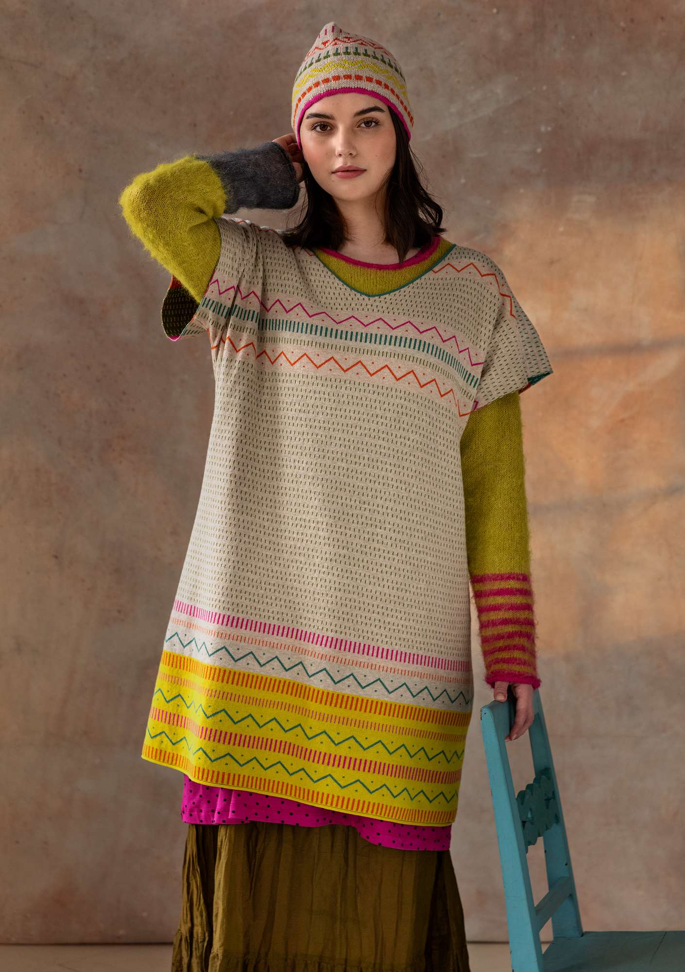 “Strikk” tunic in a recycled cotton knit fabric natural melange