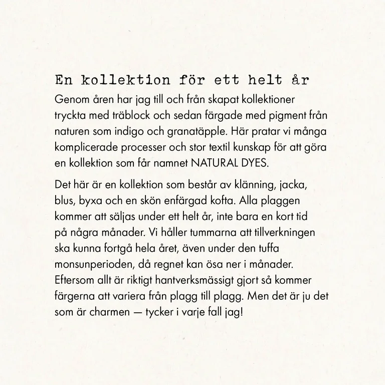 A collage with three different images; one of Gudrun and a woman holding a block printed cloth. An image of a woman standing in the countryside wearing clothes from Gudrun Sjödén and an image of colourful houses on a mountainside. 