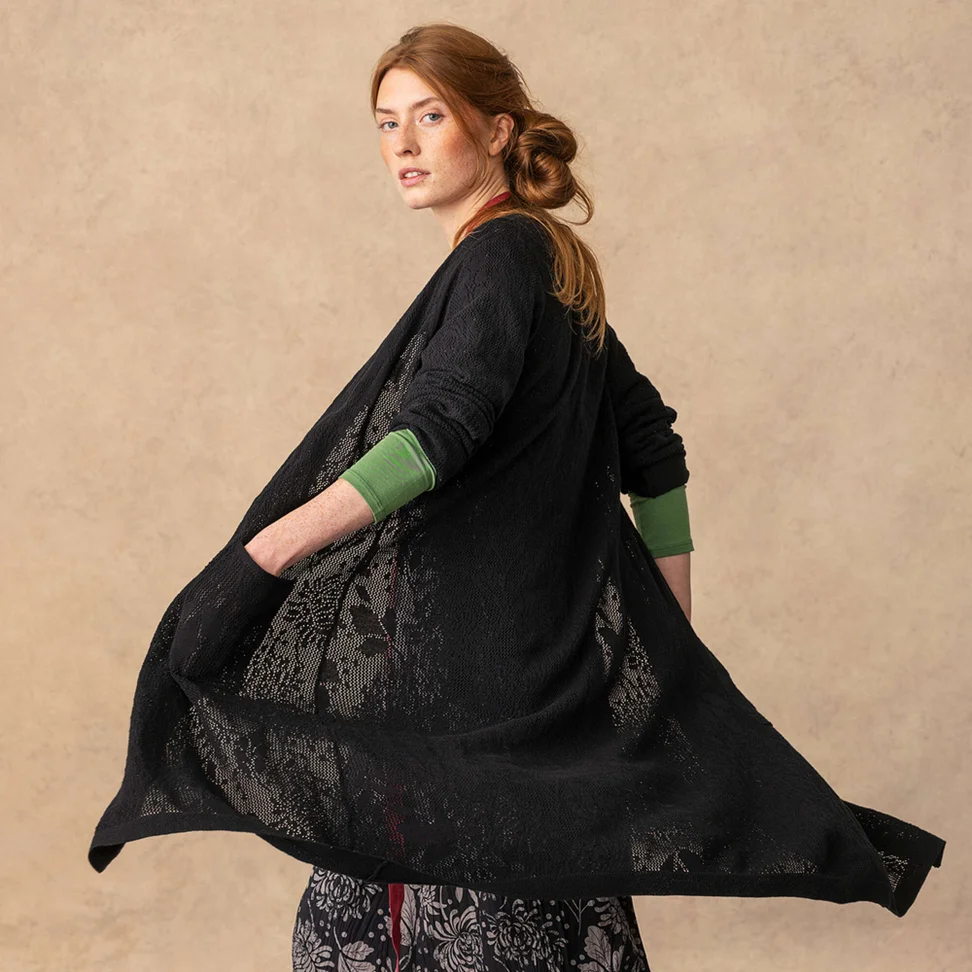 “Niwa” long pointelle cardigan in organic/recycled cotton - black