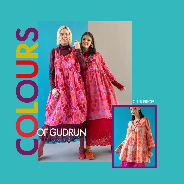 A collage with a turquoise background showing pictures of women wearing clothes from Gudrun Sjödén’s Paris collection. 