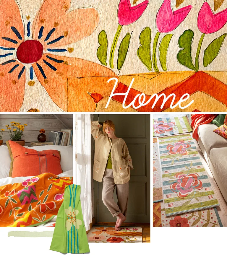 A collage with a watercolour painting by Gudrun Sjödén with her classic patterns, a woman wearing clothes from Gudrun Sjödén, colourful and patterned rugs from Gudrun Sjödén on a floor, a bed with bedding in shades of orange from Gudrun Sjödén and a standout green tea towel from Gudrun Sjödén.