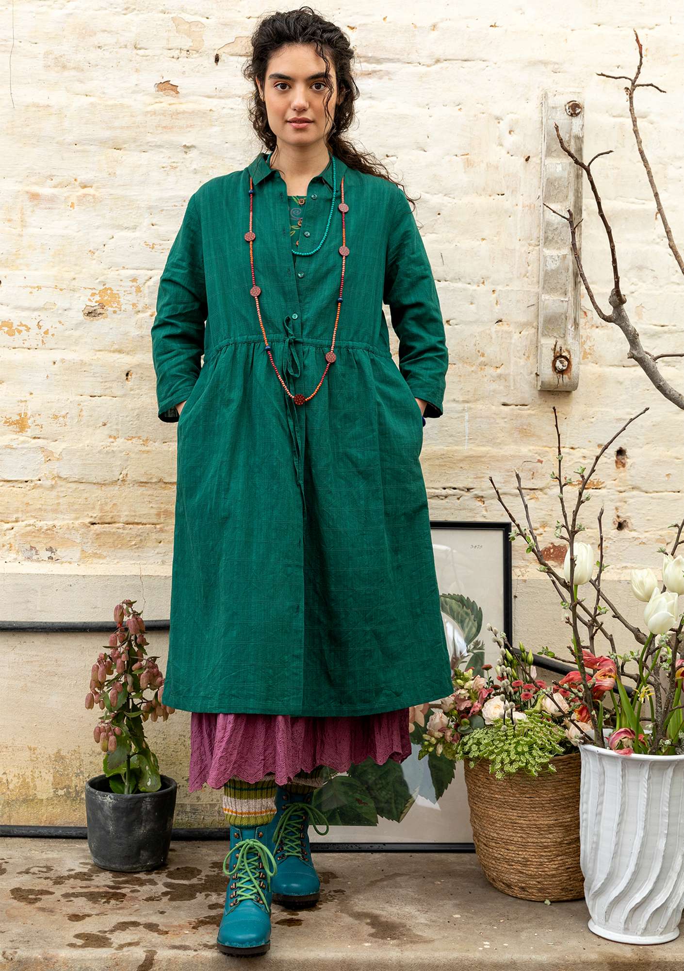 Vevd kjole i økologisk bomull / lin flaskegrønn thumbnail