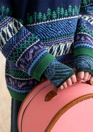 Gemusterter Pullover „Harsprång“ aus Lammwolle/Recycling-Wollgemisch - mitternachtsblau