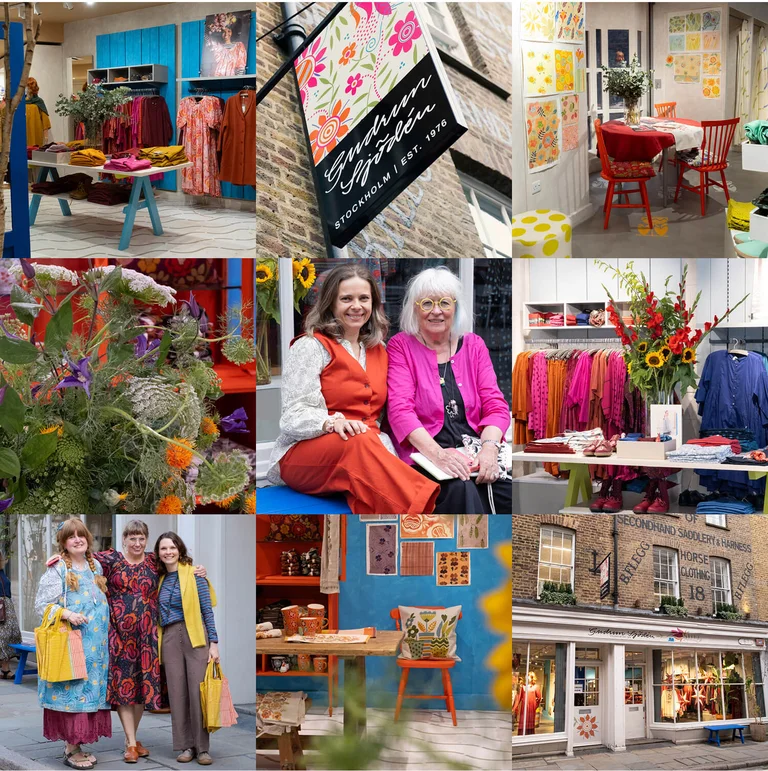 Ett kollage med bilder från Gudrun Sjödéns butik i London.