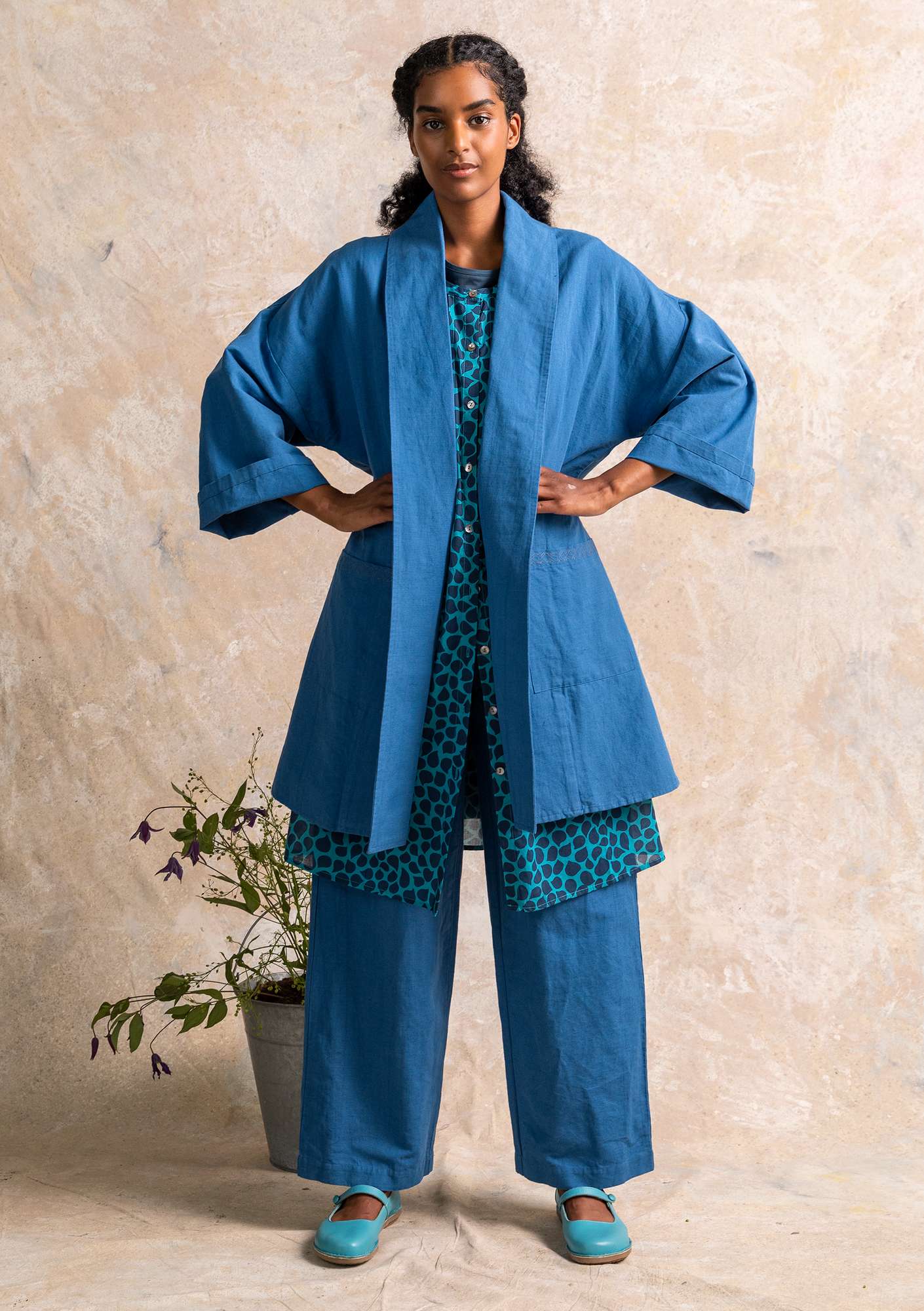 Robe jacket in organic cotton/linen flax blue thumbnail