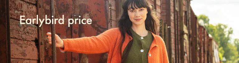A women wearing Gudrun Sjödén clothing stand against a neutral background, with the text 'Early bird price' on the left.
