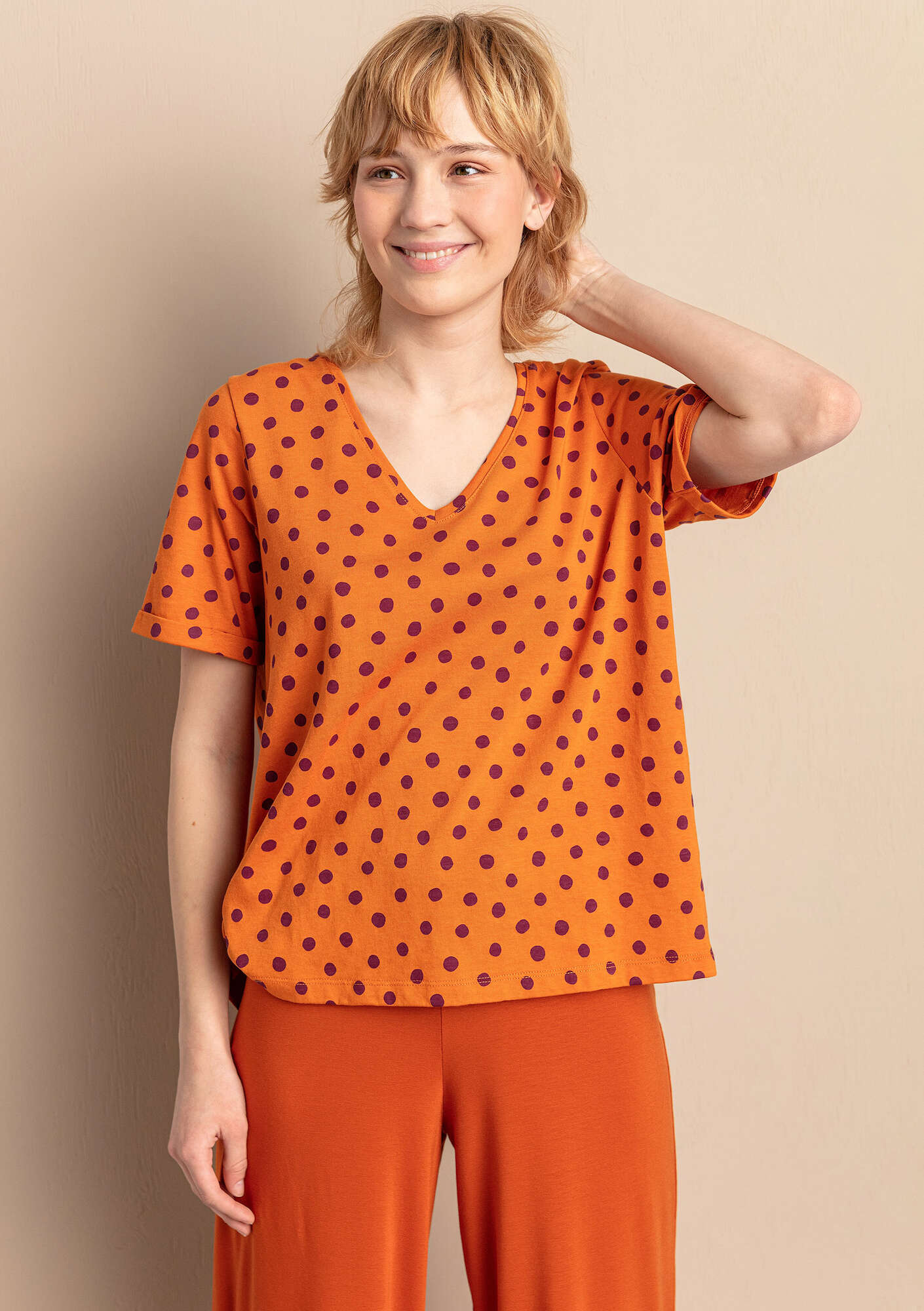 “Juliet” jersey top in organic cotton/modal burnt orange/patterned thumbnail