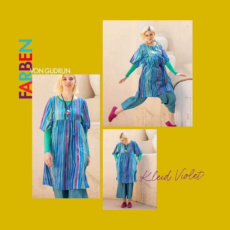 Vor gelbem Hintergrund eine Collage mit Bildern von Frauen in Modestücken aus Gudrun Sjödéns Paris-Kollektion.