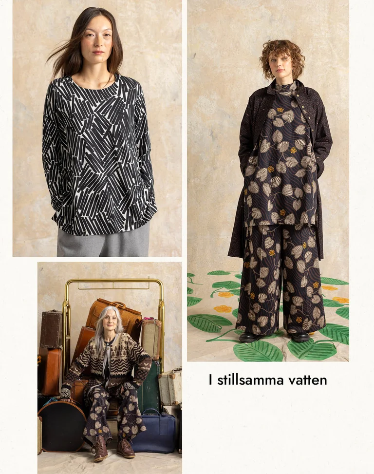 A collage of women wearing patterned clothing in shades of black and brown from Gudrun Sjödén.