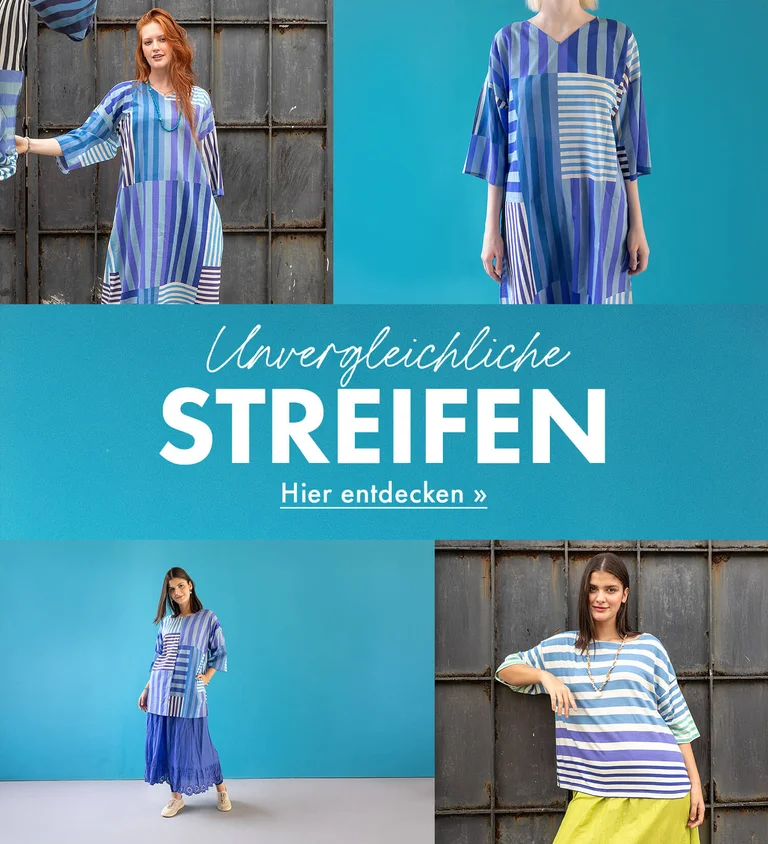 Eine Collage mit Bildern von Frauen in gestreifter Mode aus Gudrun Sjödéns Frühjahrs-Extrakollektion und Bildern des Streifenstoffs.