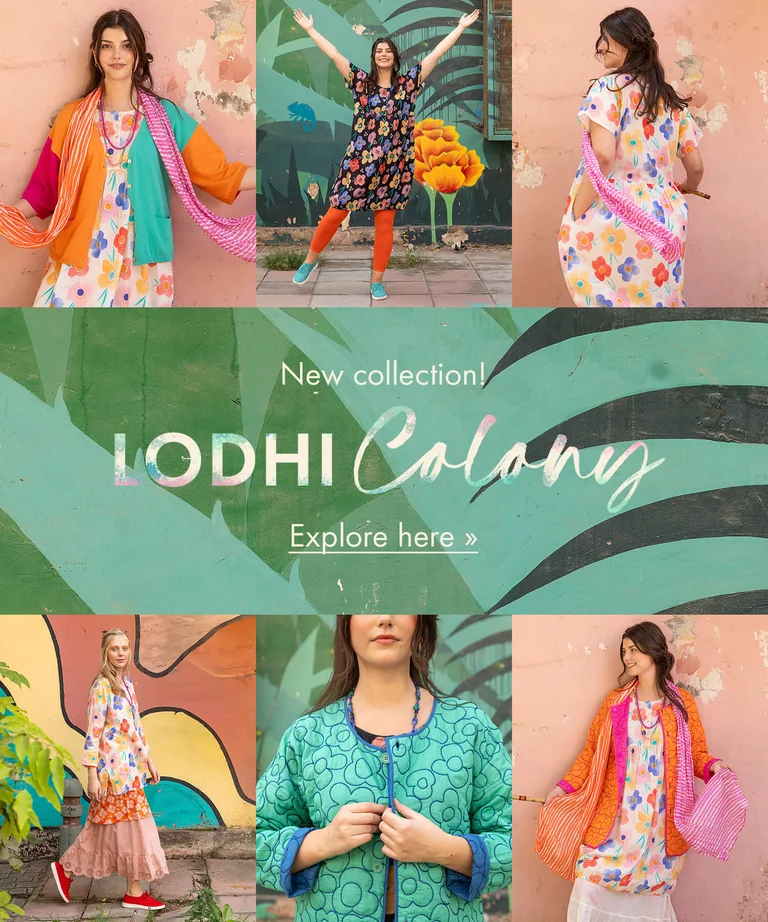A collage of pictures of women wearing colorful and floral clothing from Gudrun Sjödén. 