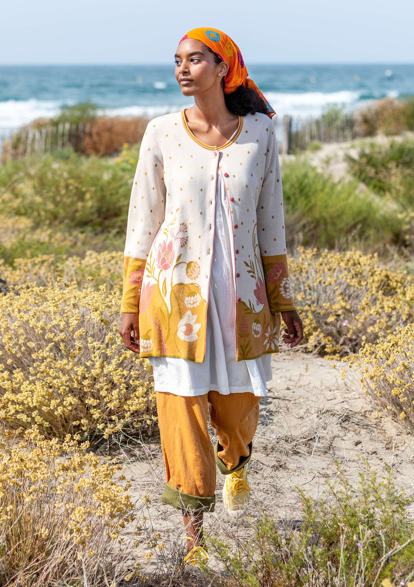 “Fire Lily” longline cardigan in organic cotton oyster thumbnail
