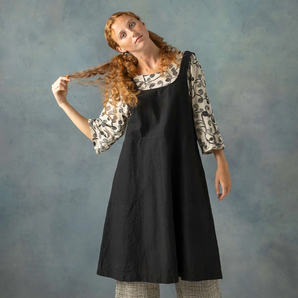Robe chasuble "Thessaloniki" en coton biologique/lin tissés - noir