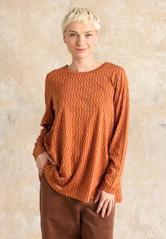 “Ellen” striped/solid-colour organic cotton/modal jersey tunic - cinnamon/patterned