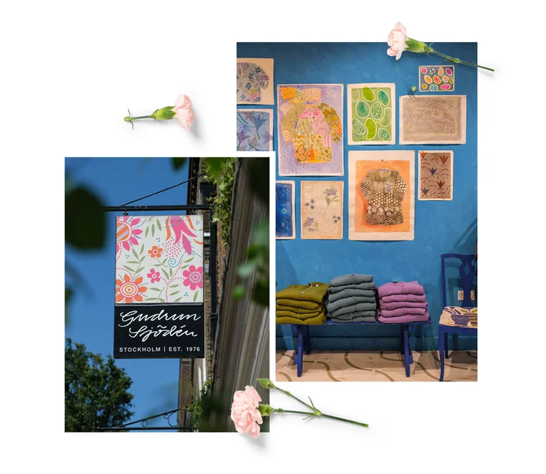 A collage of various pictures from Gudrun Sjödén’s stores. The collage is decorated with standout flowers.