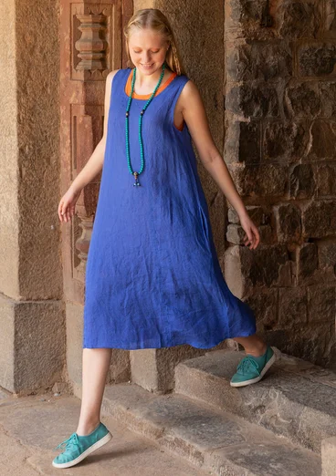 Ärmelloses Webkleid aus Leinen - brillantblau