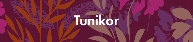 Ett lila mönster med texten ”Tunikor” i vitt.