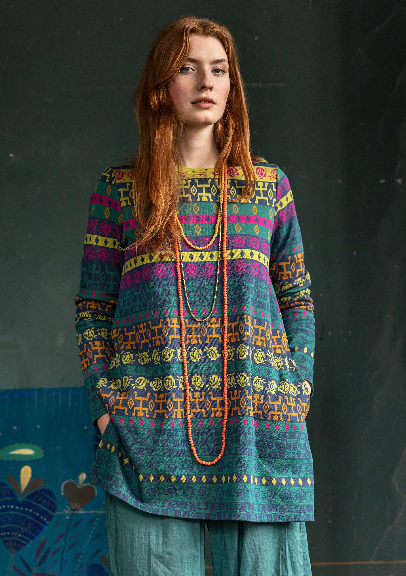 “Bolivia” organic cotton jersey tunic indigo/patterned