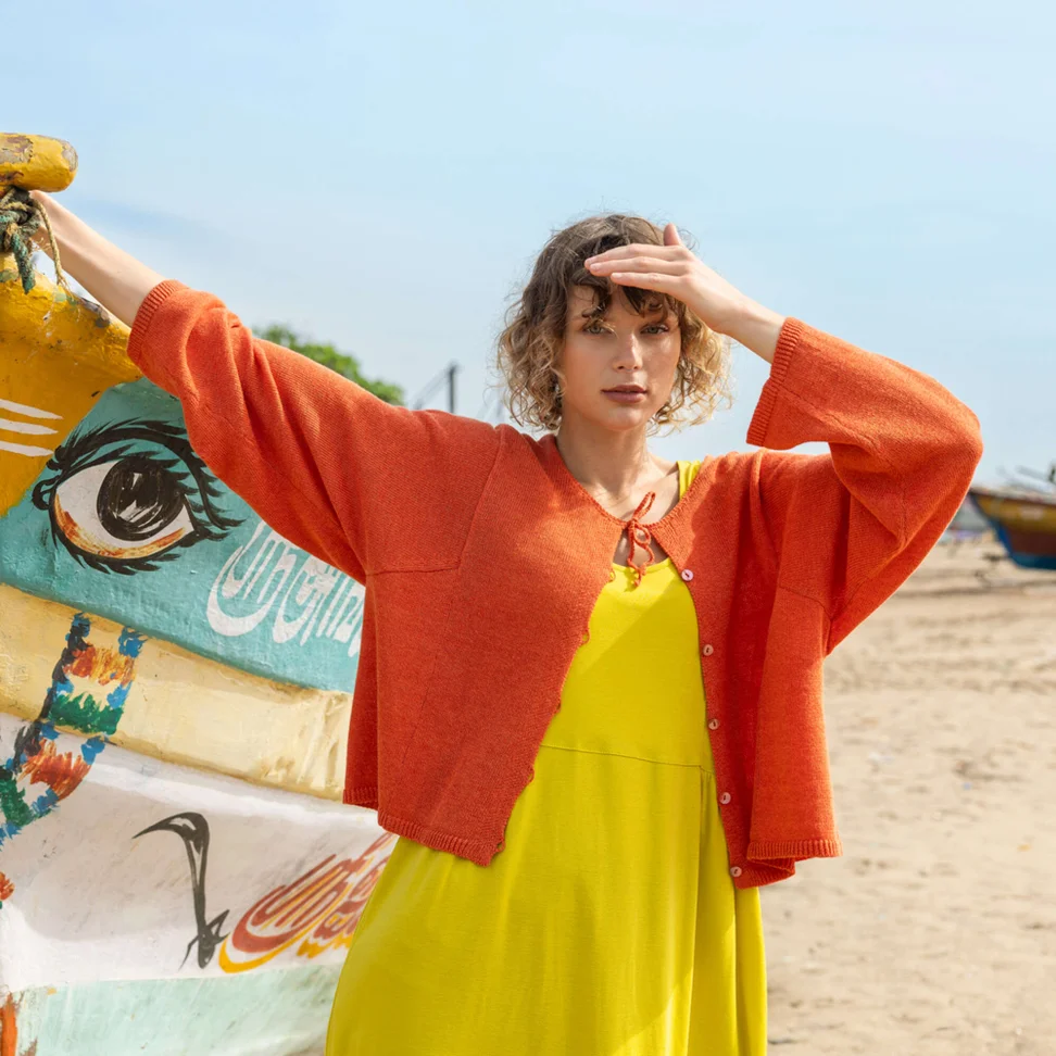 Cardigan i hør/økologisk bomuld - grapefrugt