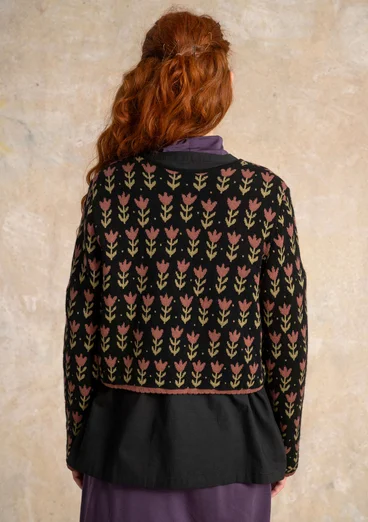 Geblümte Strickjacke „Tulipan“ aus Lammwollmischung/Bio-Baumwolle - schwarz
