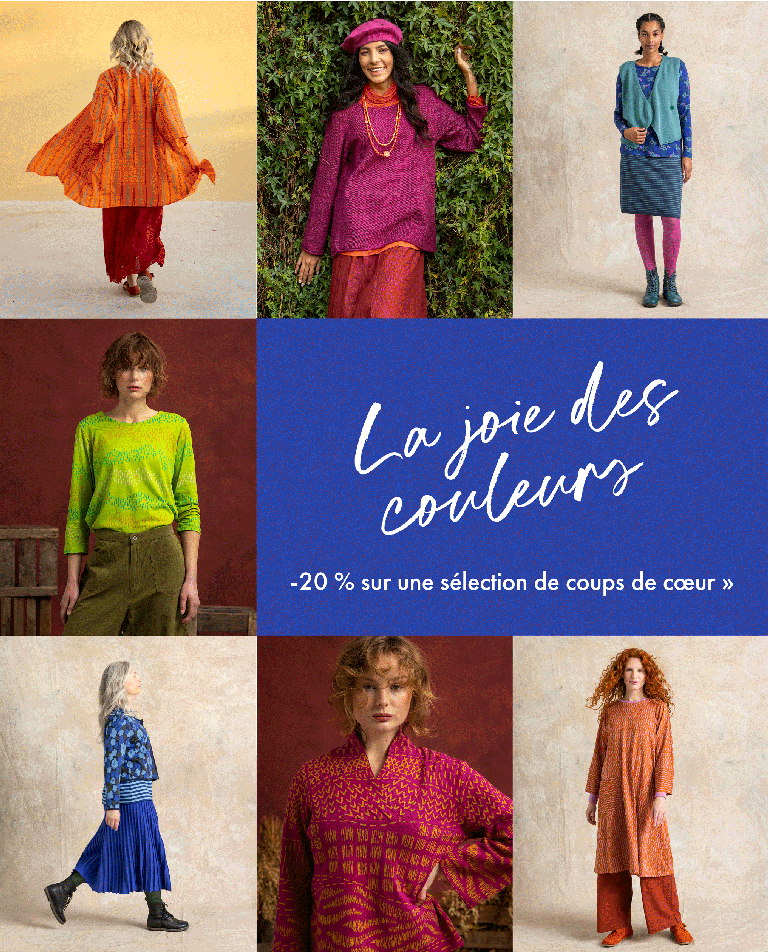 A collage of multiple images of women wearing colourful clothes from Gudrun Sjödén.