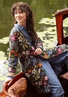 Lang cardigan "Millefiori" i uld/økologisk bomuld - mørk askegrå