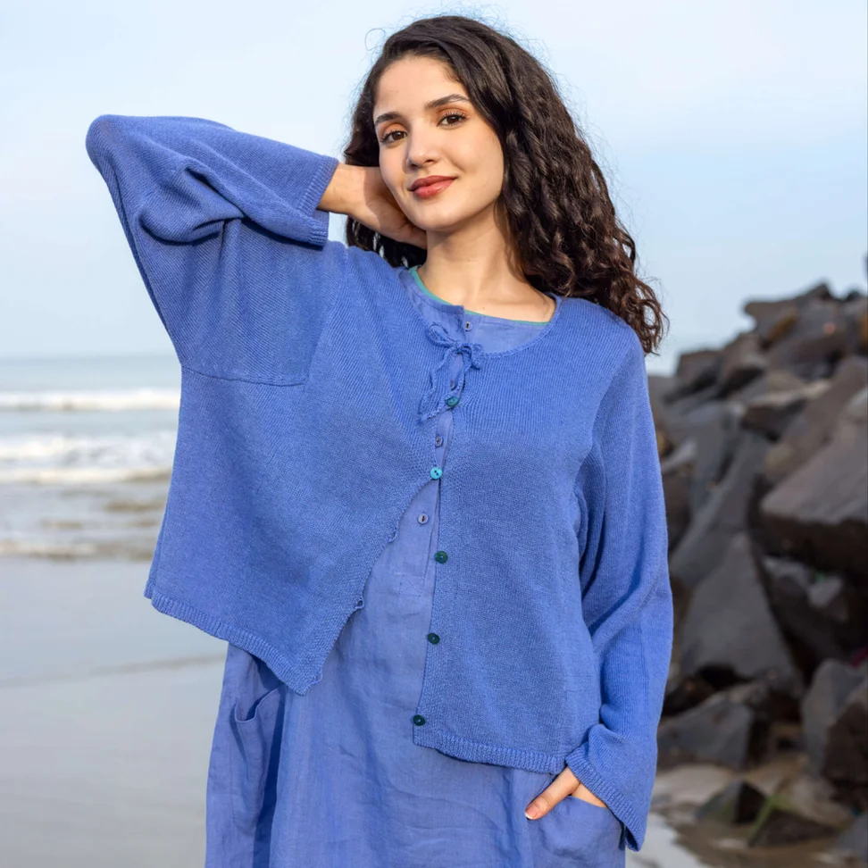 Cardigan i hør/økologisk bomuld - blå lotus