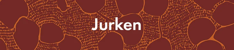 Een donkerrood dessin met de tekst 'Jurken' in het wit. 