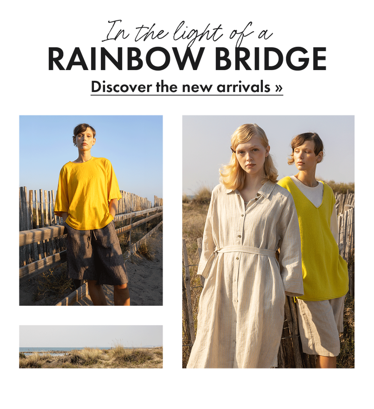 A collage of women in a coastal setting wearing solid-colour clothes from Gudrun Sjödén. The collage includes a picture of the sea and horizon.