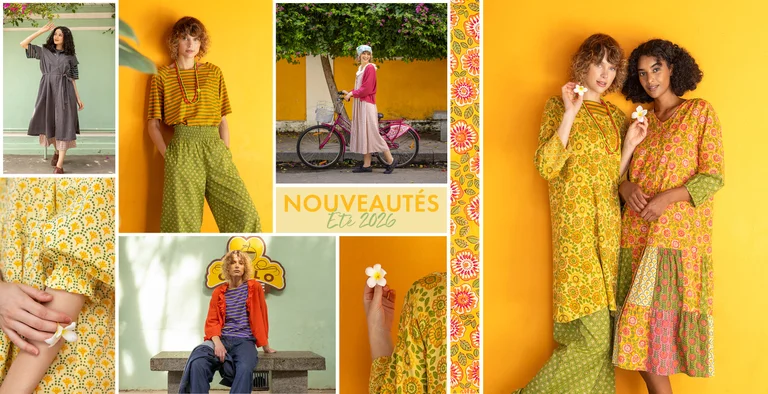 Un collage avec différentes photos de femmes portant des vêtements d'été colorés et à motifs signés Gudrun Sjödén.