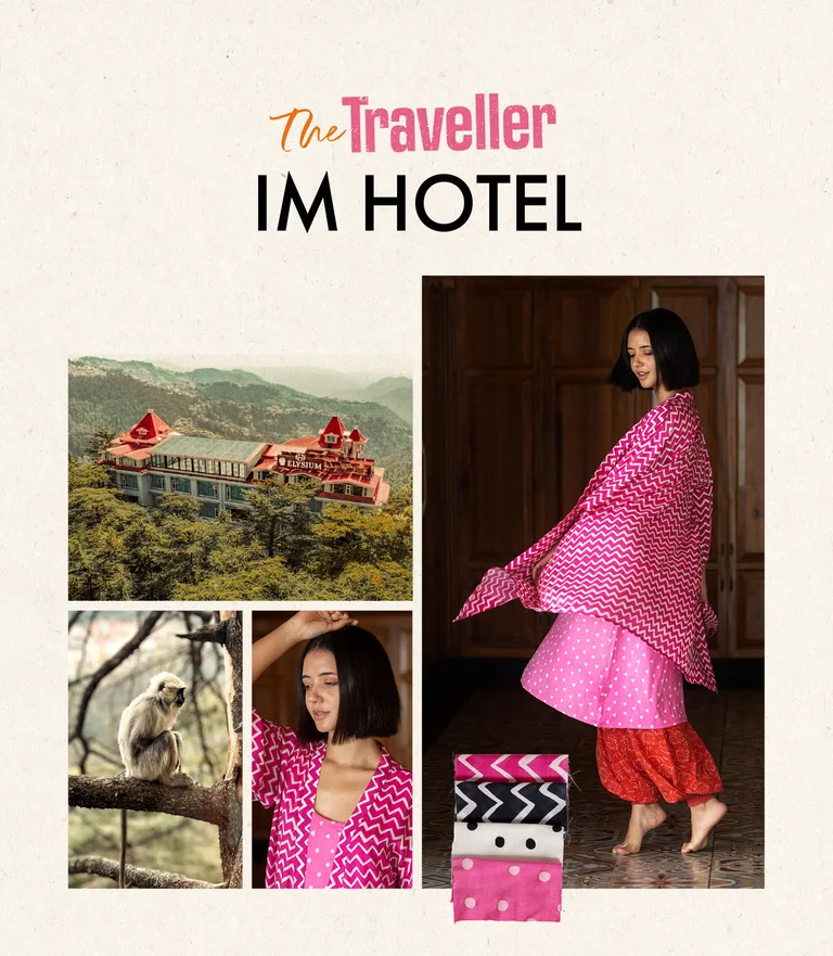 A collage with a woman wearing layers of clothing in shades of pink from Gudrun Sjödén, a large hotel in the middle of a green setting, images of fabric pieces and a monkey.