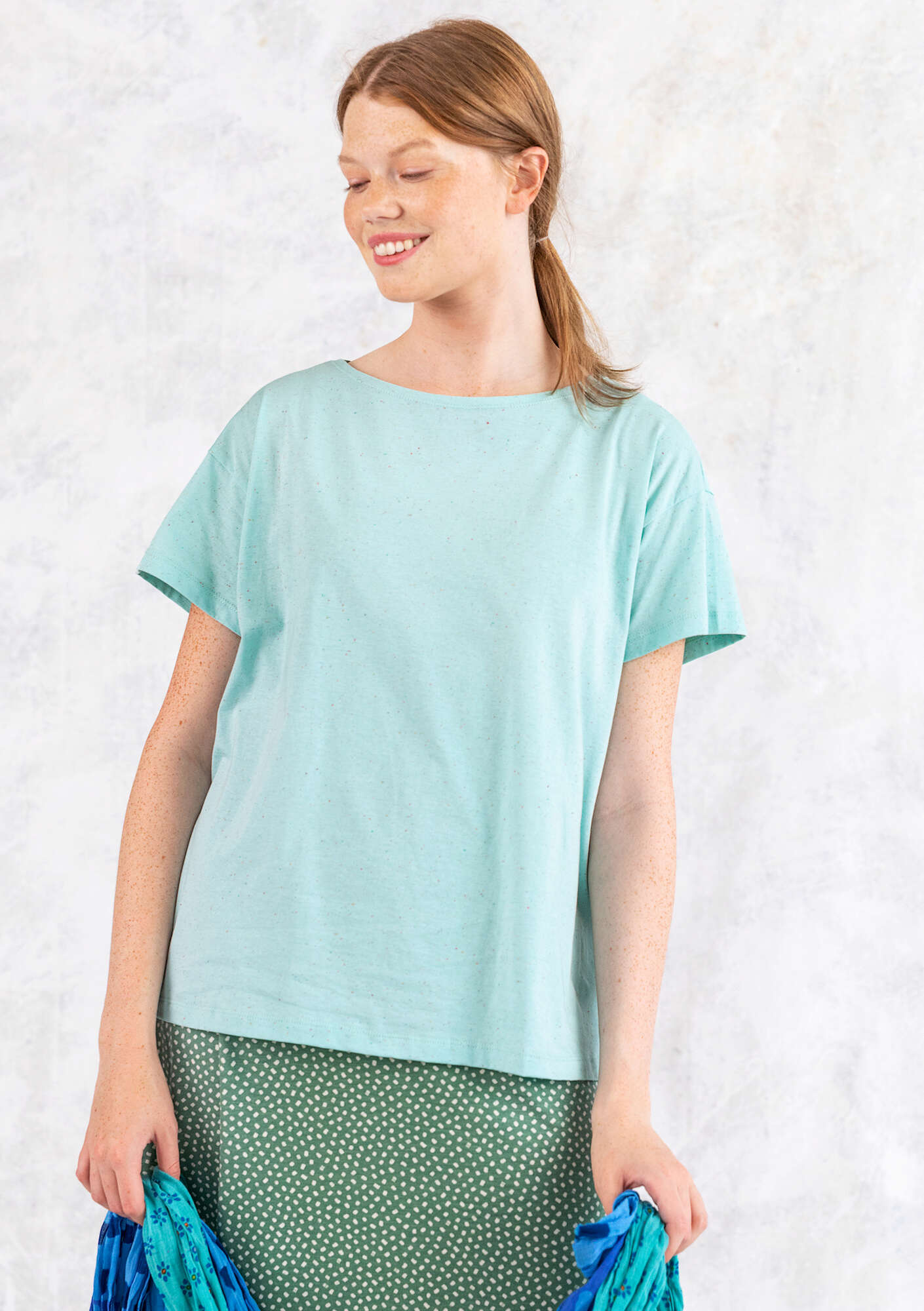 “Molly” jersey top in nubby organic cotton light meadow brook