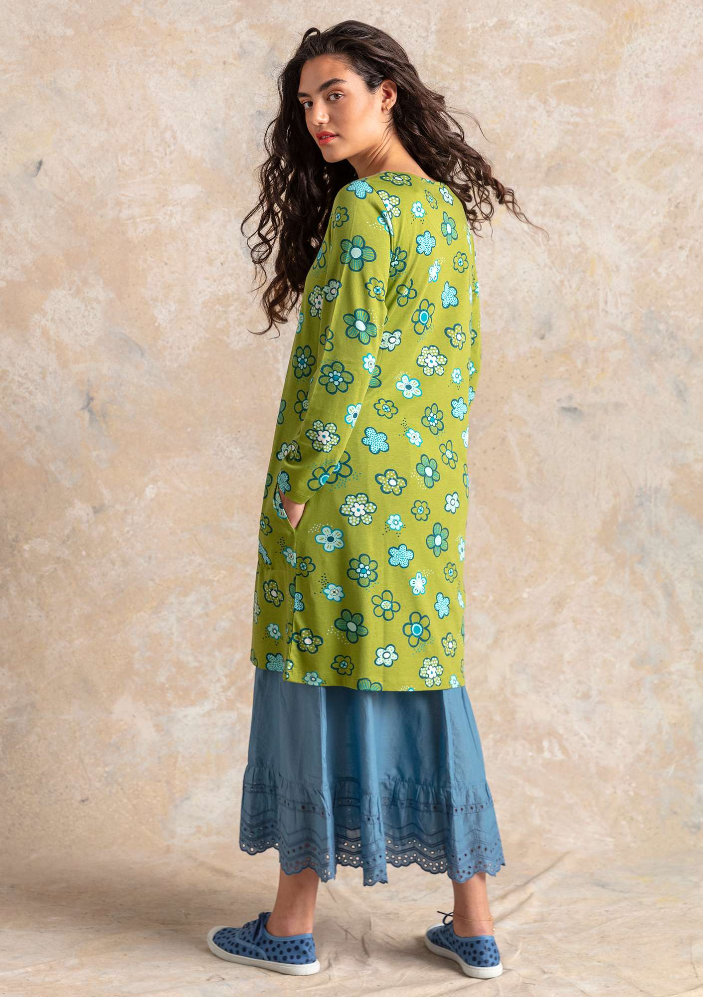 “Aria” jersey tunic in organic cotton/modal kiwi/patterned thumbnail