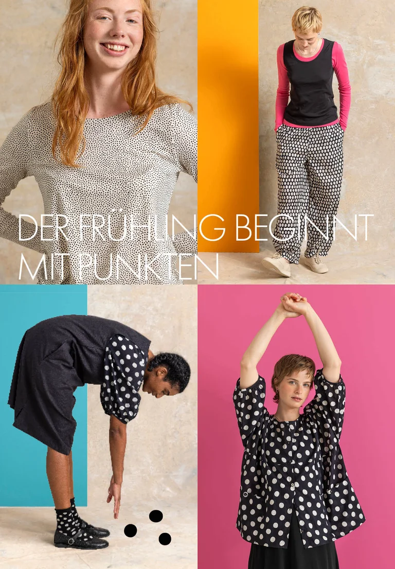 Eine Collage mit Bildern von Mode aus Gudrun Sjödéns Frühjahrskollektion 2026. 