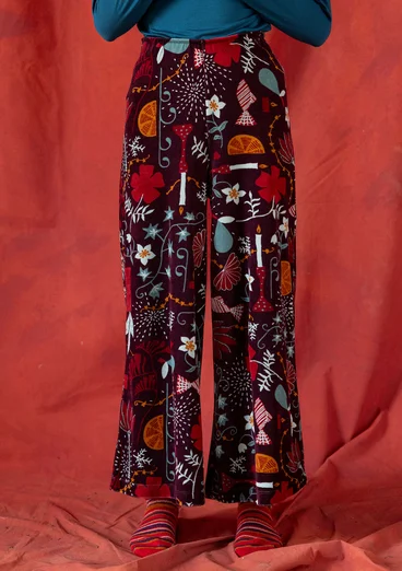 “Fyrverkeri” velour pants in organic cotton/recycled polyester - aubergine/mønstret