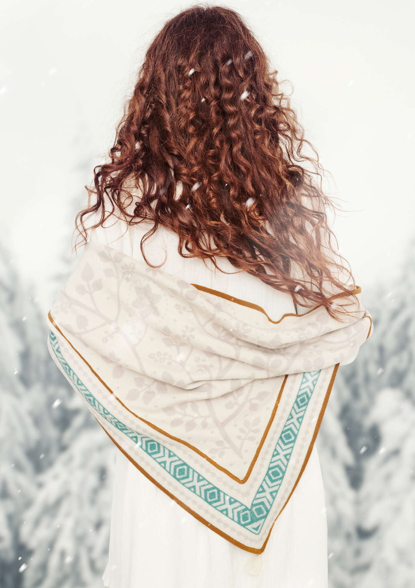 “Rimfrost” knit shawl in wool/organic and recycled cotton almond milk thumbnail