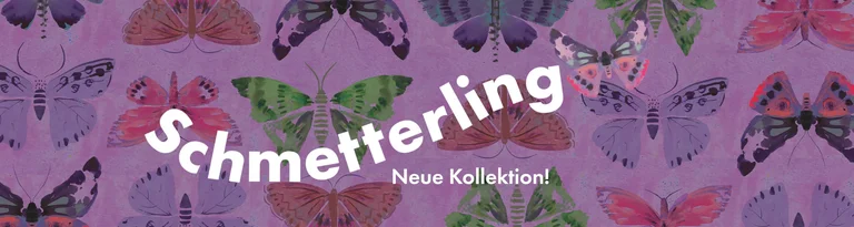 Illustration von bunten Schmetterlingen auf lila Hintergrund mit dem Text „Butterfly Neue Kollektion!“.