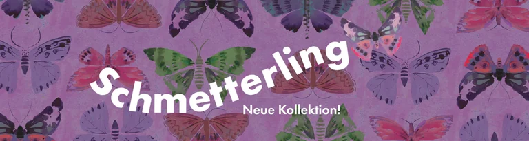 Illustration von bunten Schmetterlingen auf lila Hintergrund mit dem Text „Butterfly Neue Kollektion!“.