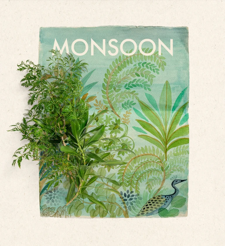 A watercolor in shades of green and blue, made as a pattern design for Gudrun Sjödén’s clothing.