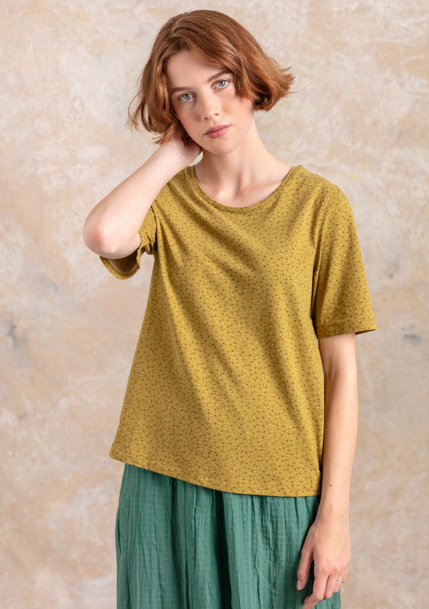 “Iliana” T-shirt in organic cotton/spandex olive/patterned thumbnail