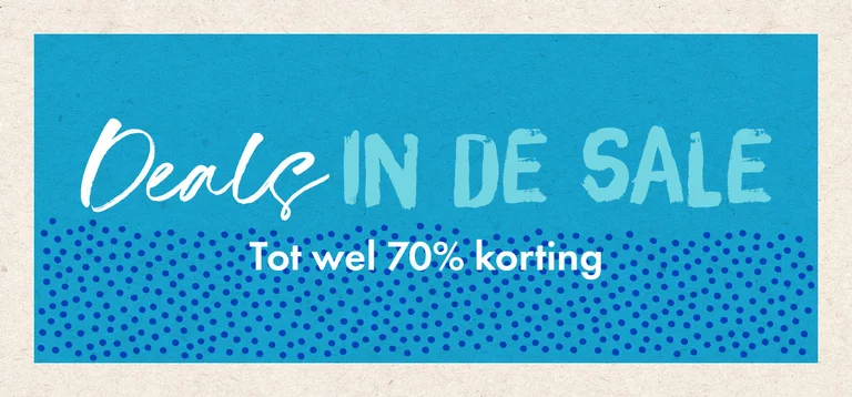 Een grafische afbeelding in roze en beige met de tekst KOOPJES IN DE SALE
