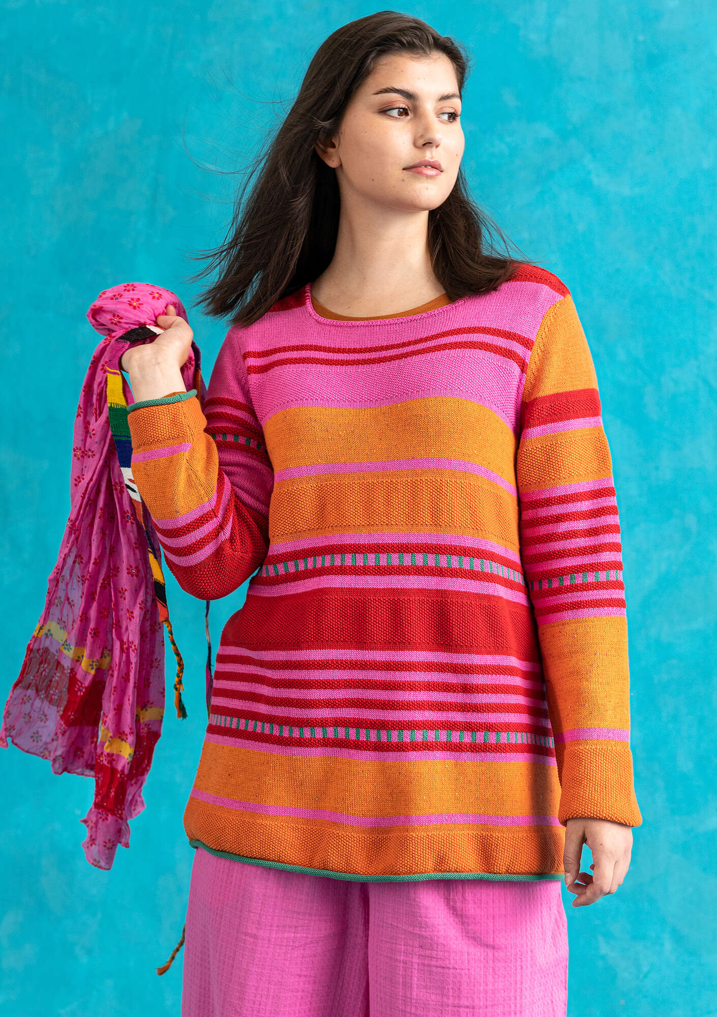 “Alfrida” sweater in recycled and organic cotton wild rose/striped