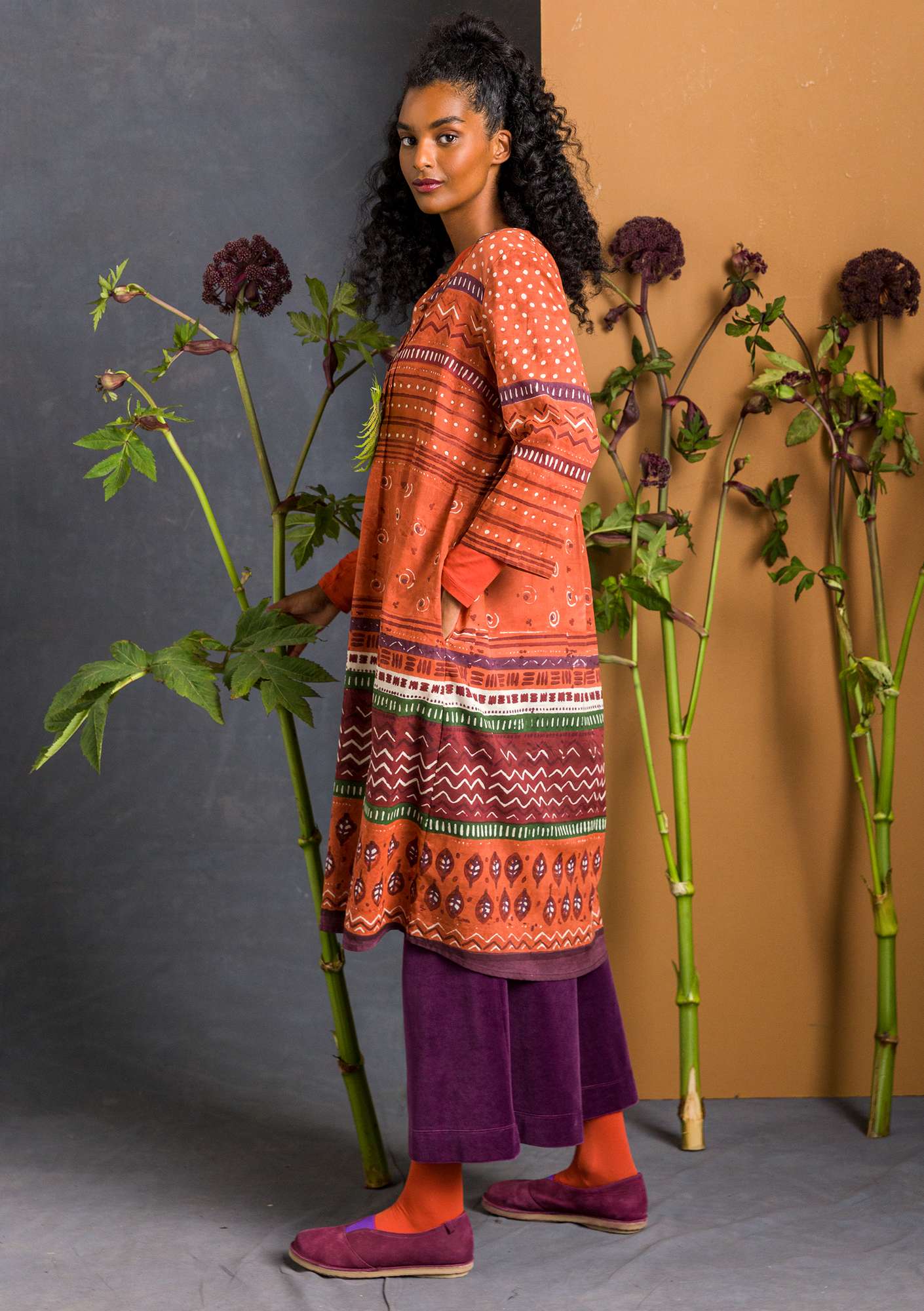 Woven “Madame Indigo” dress in organic cotton copper